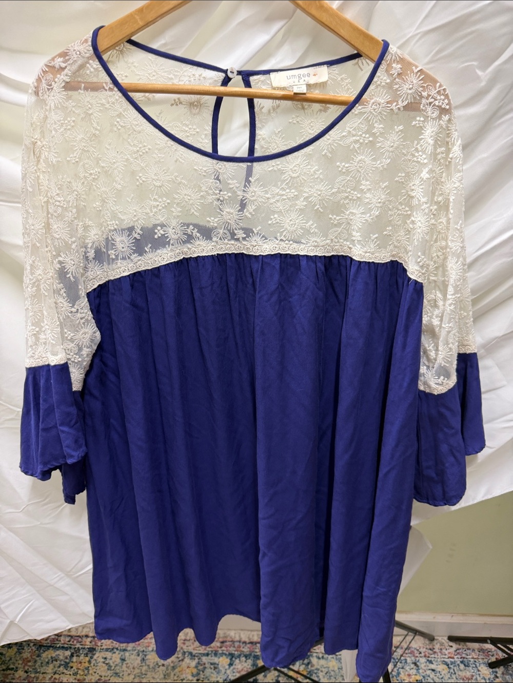 Umgee Royal Blue and Cream Lace Peasant Tunic